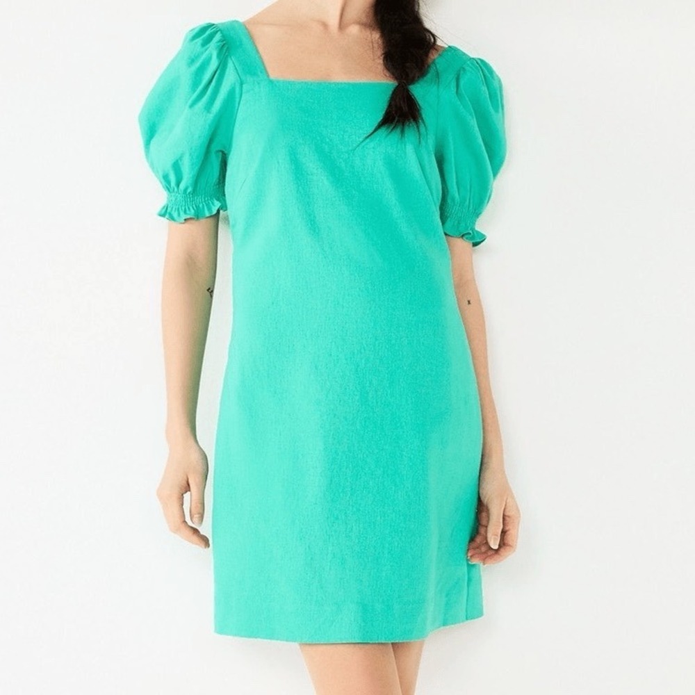 Draper James RSVP Square Neck Puff Sleeve Mini Dress Green Short Sleeve Size L